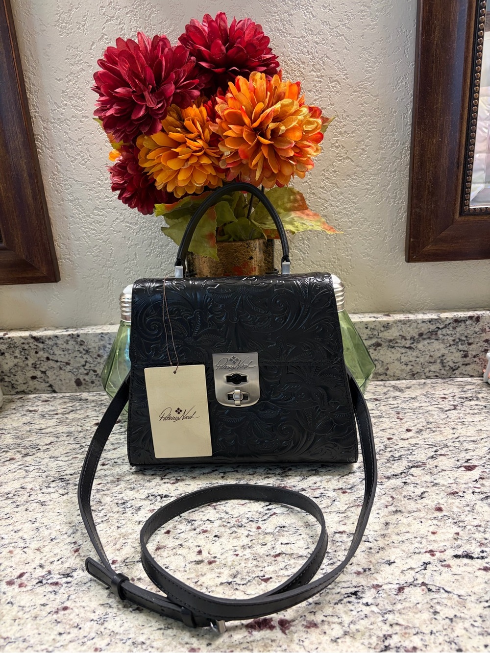 Patricia Nash Black Embossed Leather Top-Handle Satchel with Detachable Strap